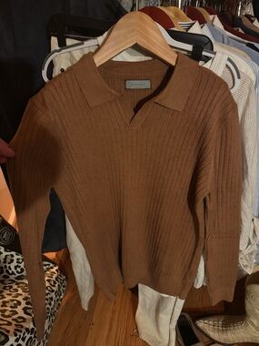 New Canali Men's Chestnut Ribbed V-Neck Polo Sweater